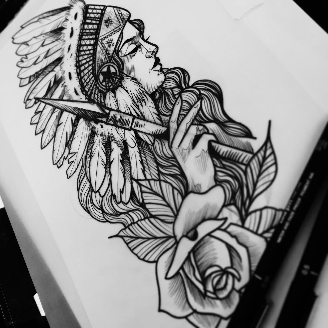 宫先生印第安美女玫瑰纹身手稿