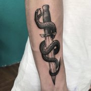 小臂写实蛇盘匕首纹身图案