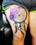 大腿彩色玫瑰捕梦网纹身图案