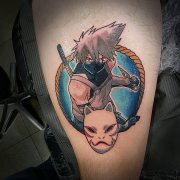 大腿彩色鸣人狐狸面具纹身图案